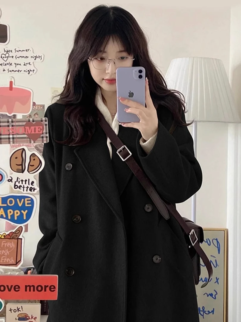 黑色羊毛呢外套女秋冬季2024新款高级感中长款小个子羊绒呢子大衣