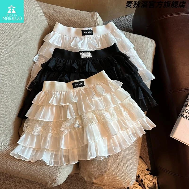 杏色高级感蕾丝设计感半身裙女夏季蓬蓬蛋糕松紧腰防走光辣妹短裙