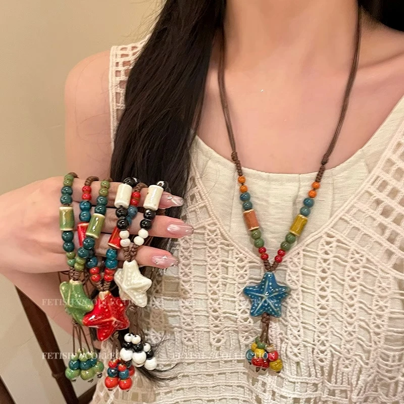非金属陶瓷项链 波西米亚彩色陶瓷海星项链编织绳锁骨链颈链配饰