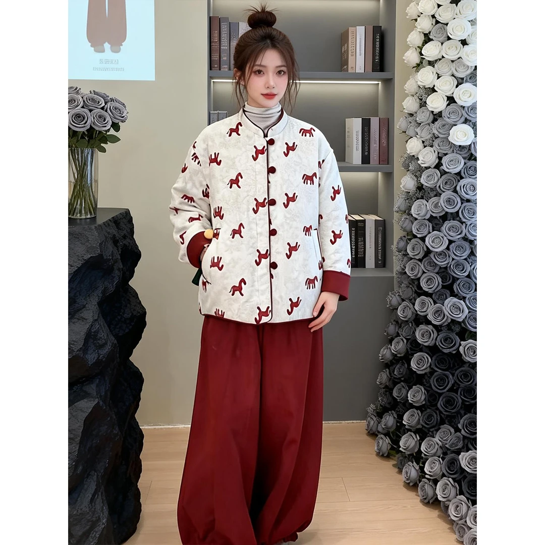 新中式国风印花复古夹棉双面穿外套女冬季2025新款花苞阔腿裤套装