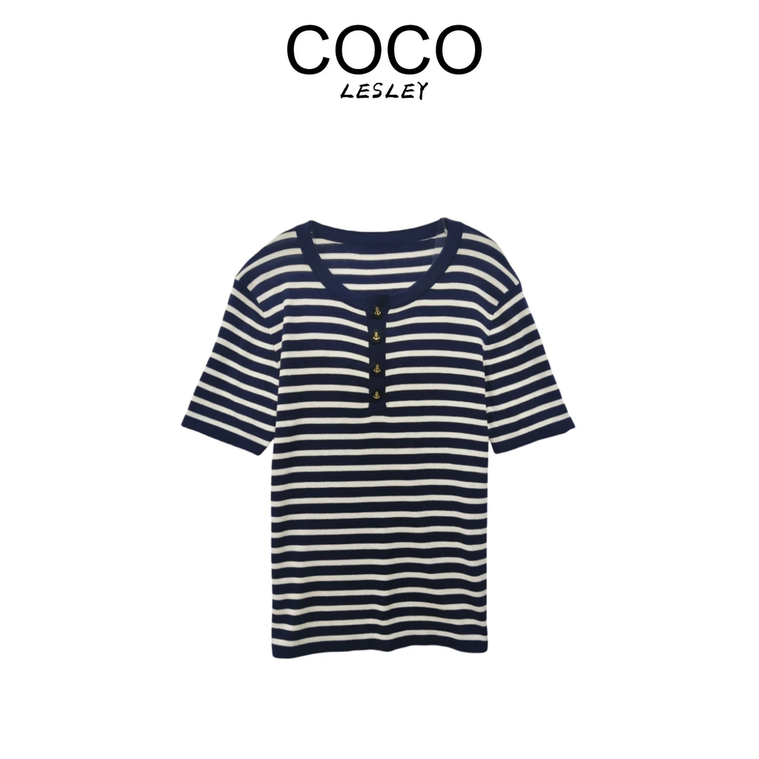 【COCO LESLEY】宽松条纹拼色显瘦短袖圆领针织衫上衣msl181