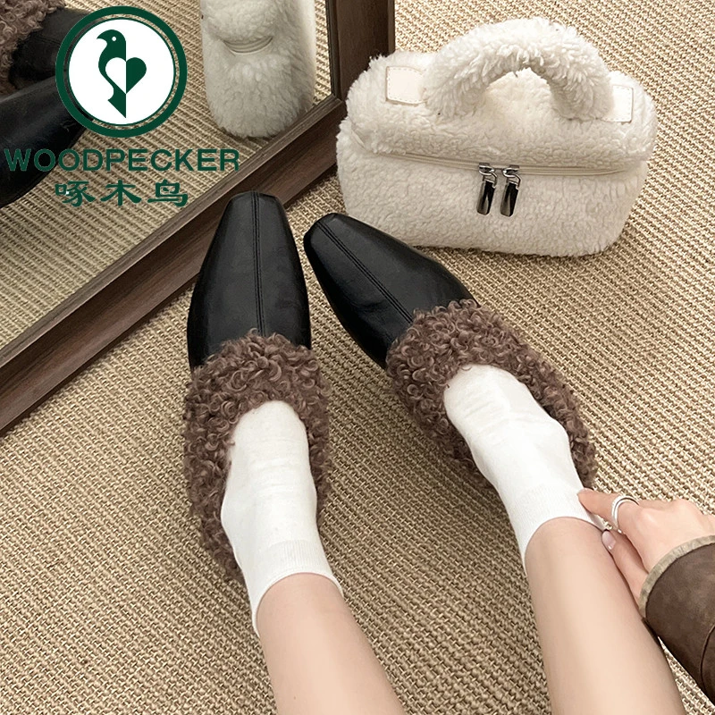 啄木鸟复古加绒保暖单鞋女2025冬季新款时尚方头显瘦毛毛鞋女棉鞋