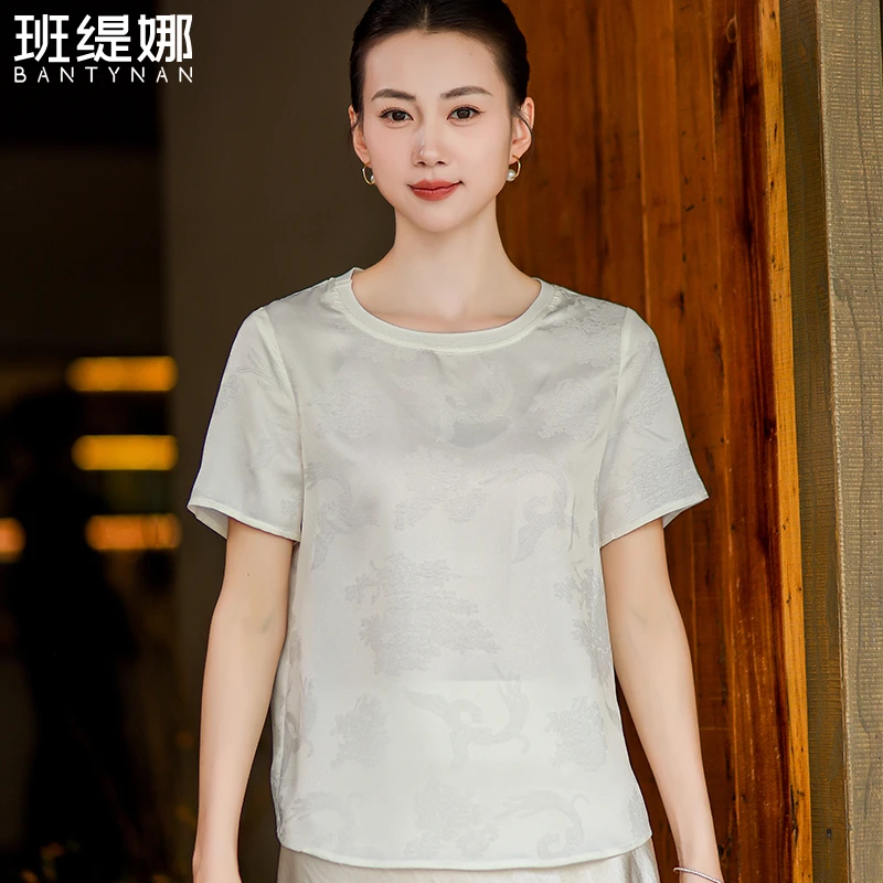 [独美人丝]提花复古T恤女夏季时尚休闲百搭上衣半袖春夏重磅潮流