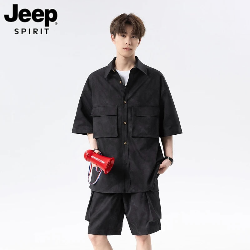 Jeep吉普夏季短袖衬衫休闲套装男女款复古大口袋T恤短裤两件套装