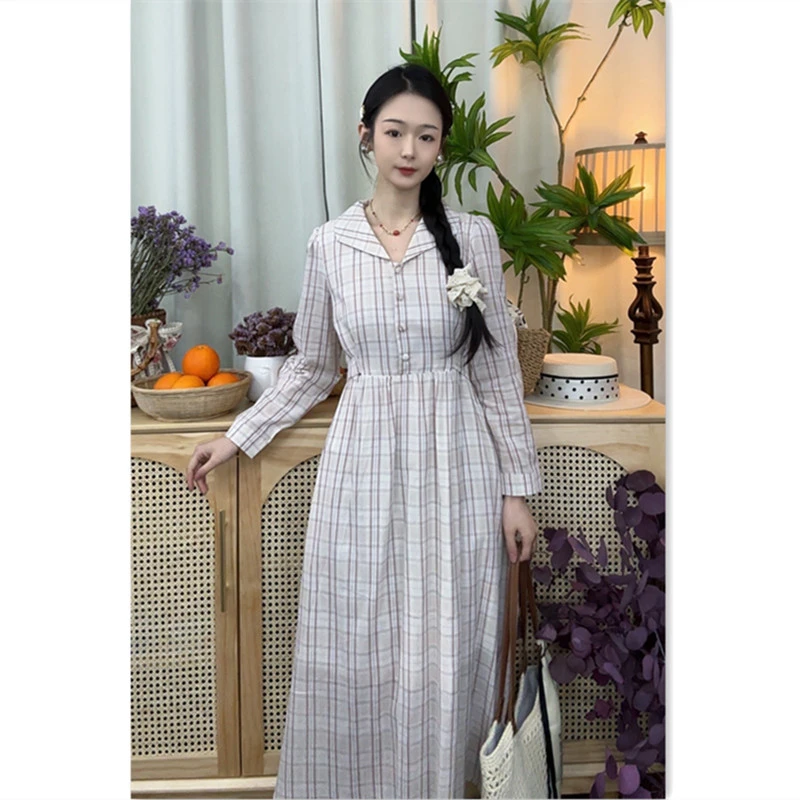 大乔【朝云】春款长袖连衣裙纯棉格子长裙高腰衬衫裙