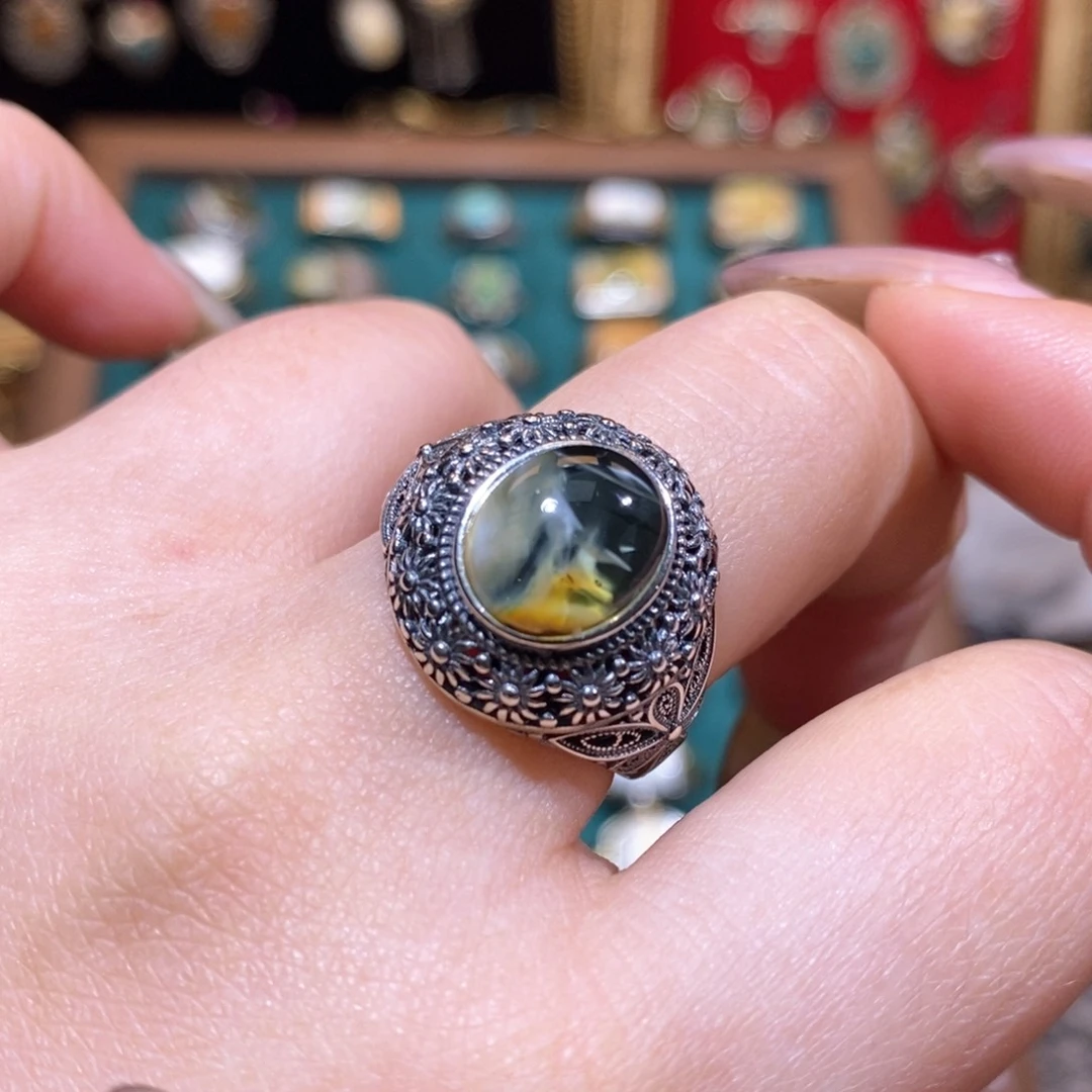 琥珀戒指银S925镶嵌戒指