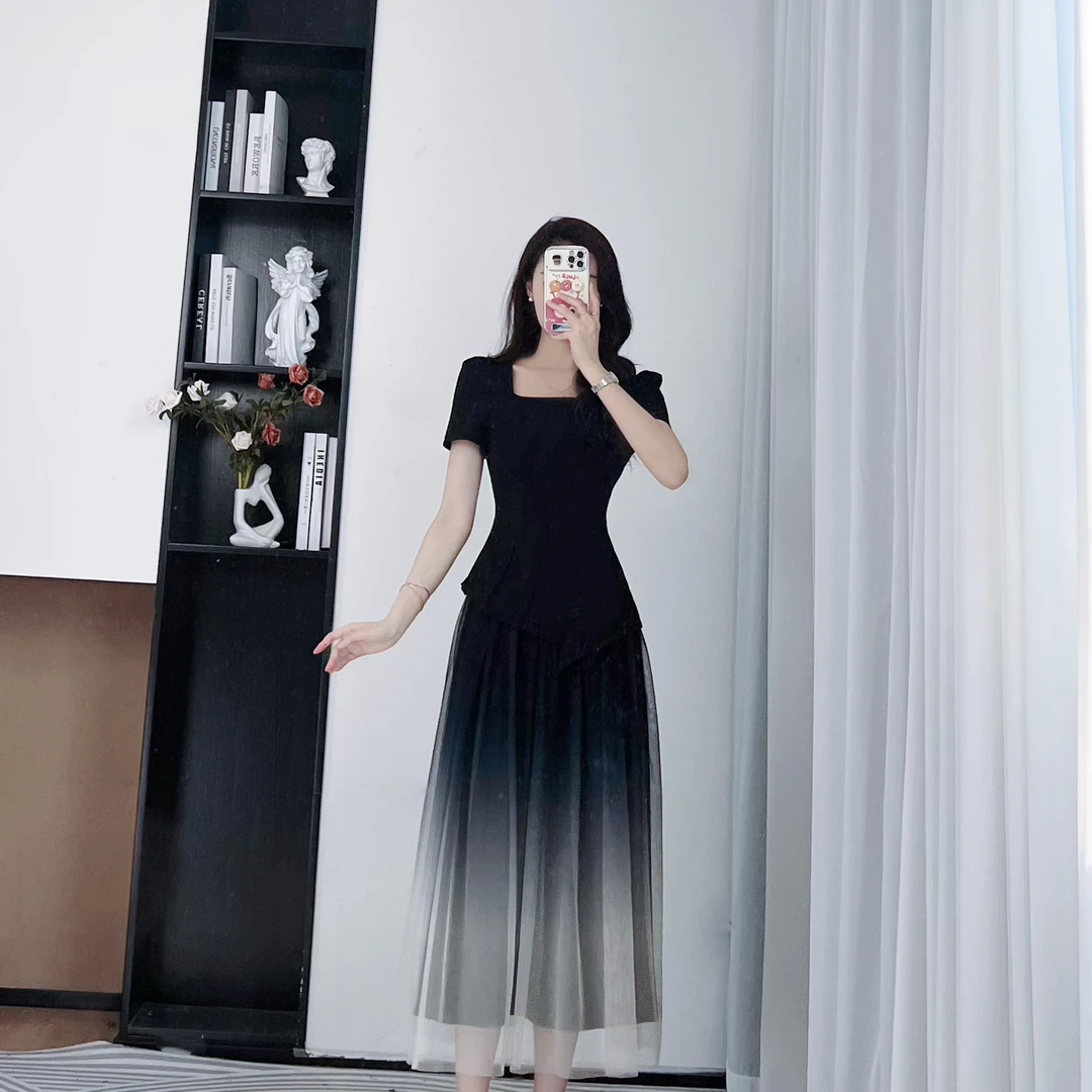 拉夏贝尔/25夏新法式时尚气质渐变百搭短袖上衣+半身裙 10479 LSC