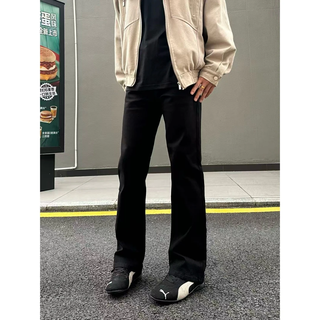 怪兽纯实验室直筒版型纯斜牛仔黑色三本针简约百搭微弹休闲牛仔裤