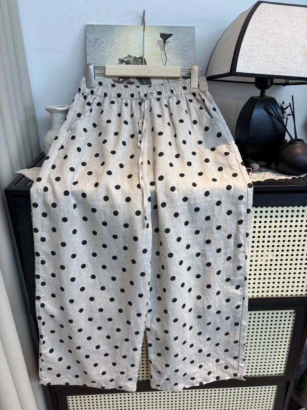 染禧亚麻夏新款休闲波点松紧腰女阔腿裤