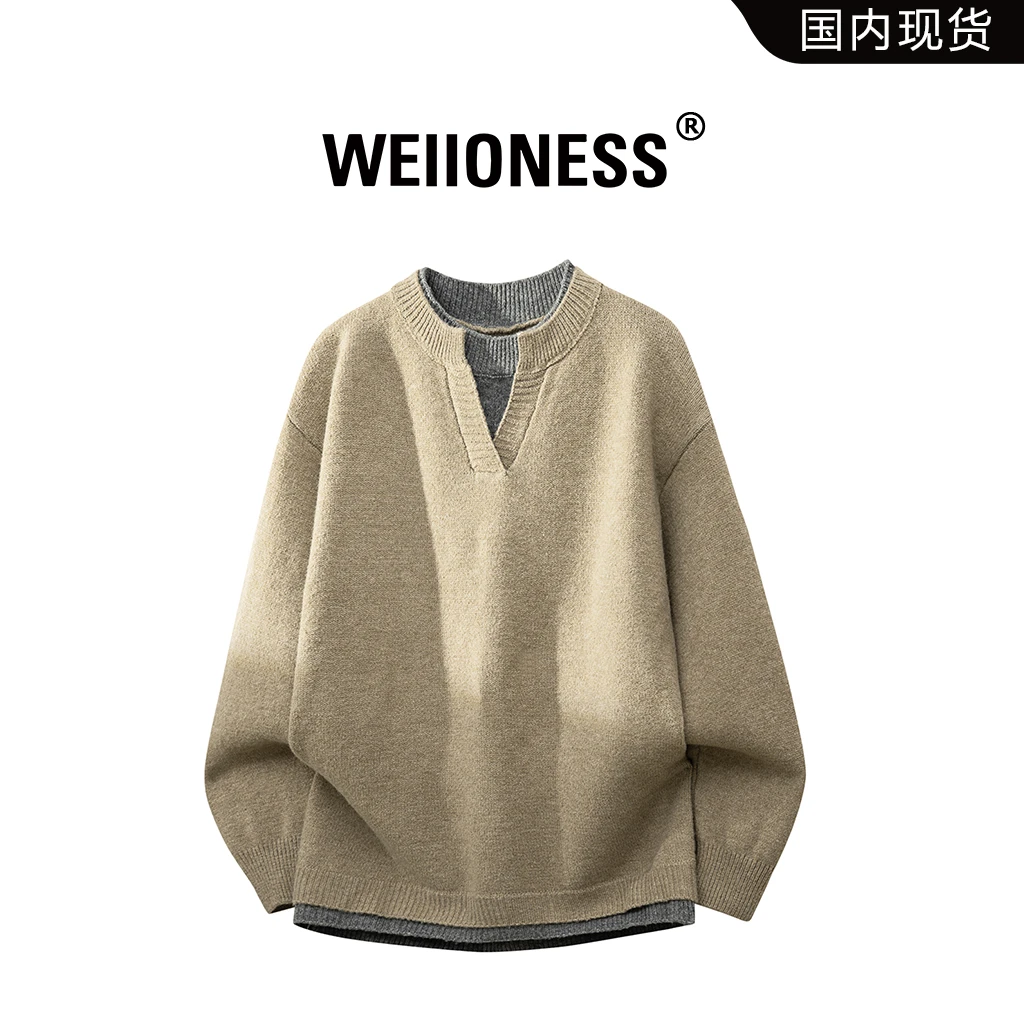 WEIIONESS假两件针织衫男2025秋季新款宽松V领百搭毛衣高级感男装