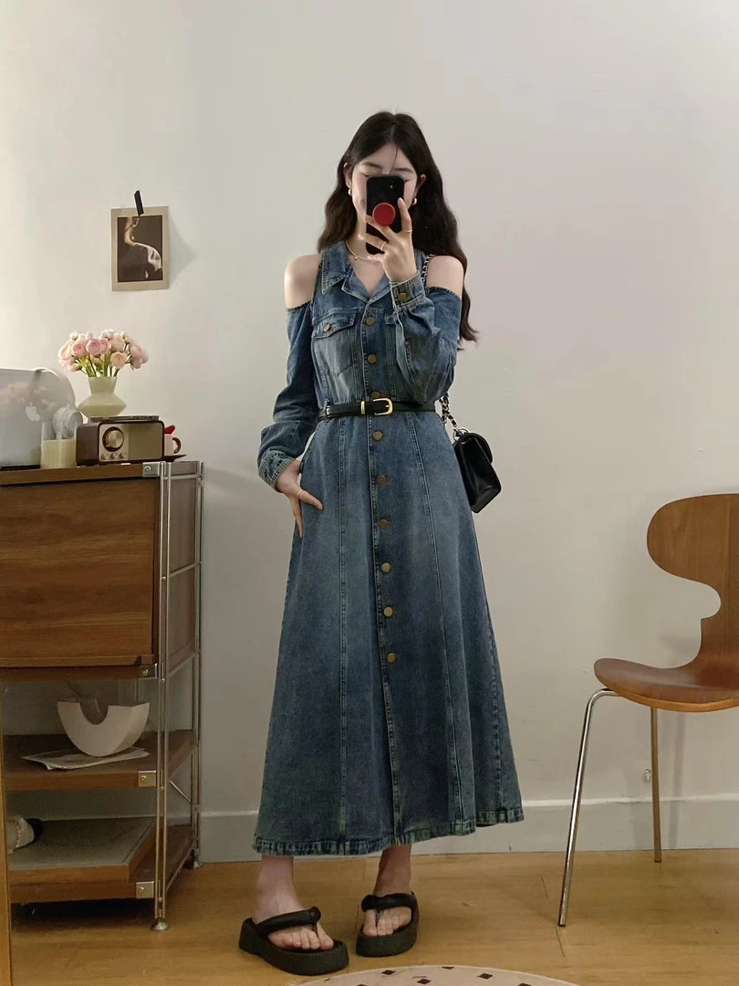 大码港风复古露肩牛仔连衣裙配腰带收腰显瘦翻领长裙