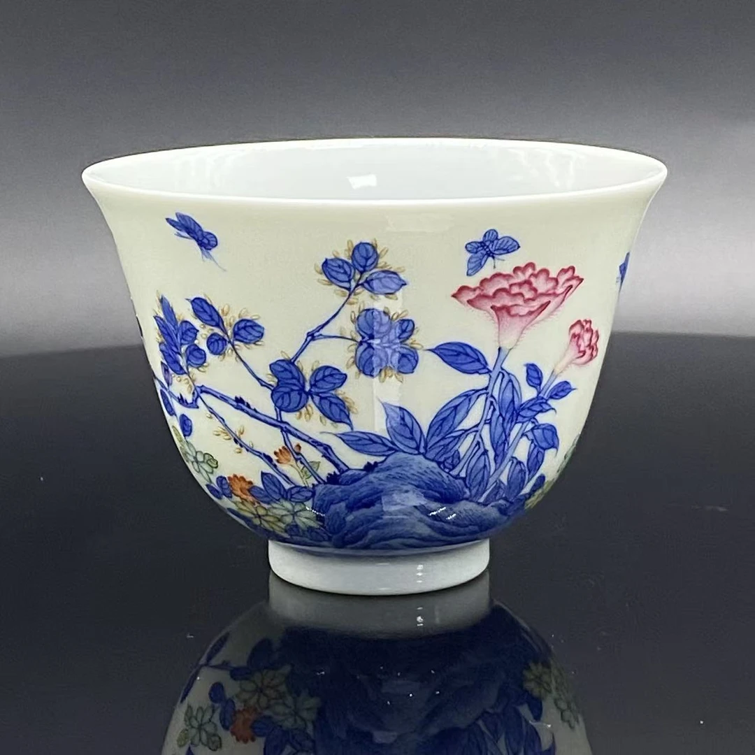 E042 青花加彩鸡冠花杯 CJM033042