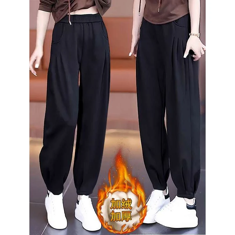 范哲萨黑色松紧腰哈伦卫裤加厚加绒女裤子2025秋冬款高腰宽松萝卜