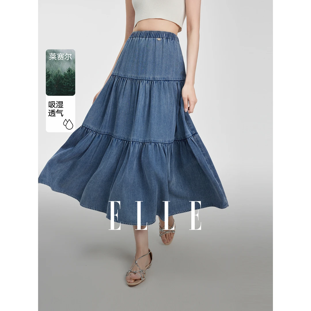 ELLE复古牛仔蓝高腰牛仔蛋糕裙女2025夏新款莱赛尔天丝ER51287