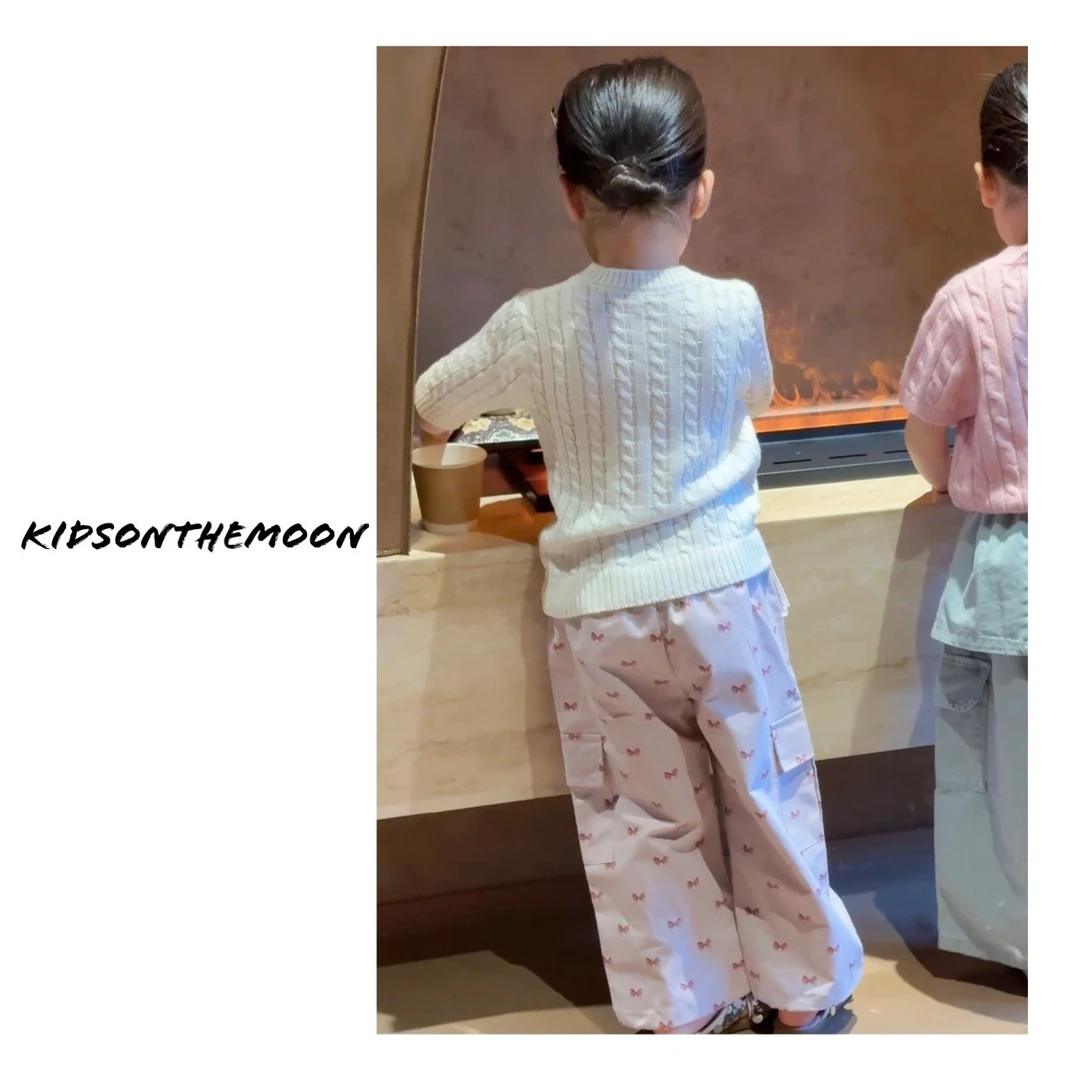 KidsOnTheMoon 麻花短袖针织衫蝴蝶结工装裤套装