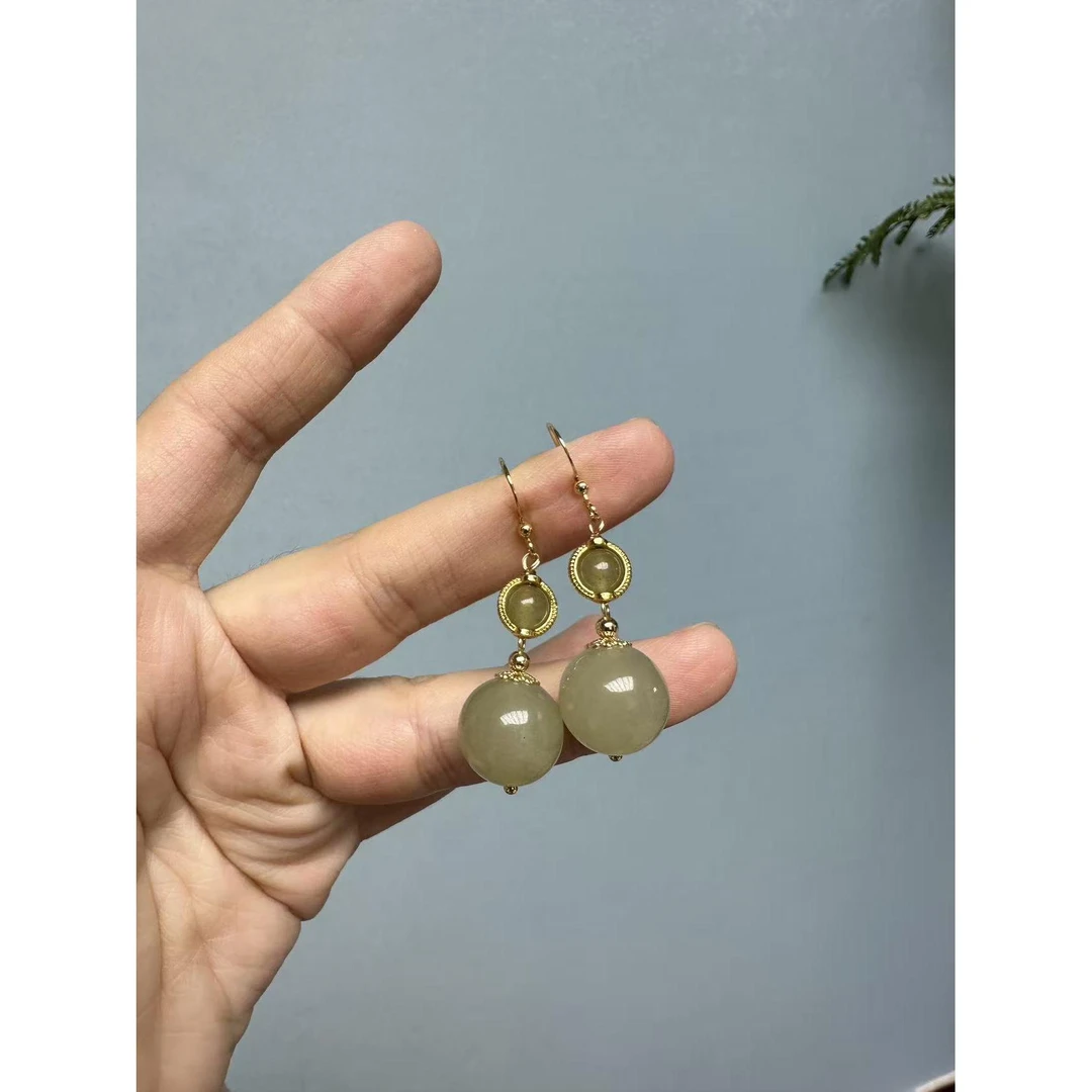 和田玉14k圆珠耳钩