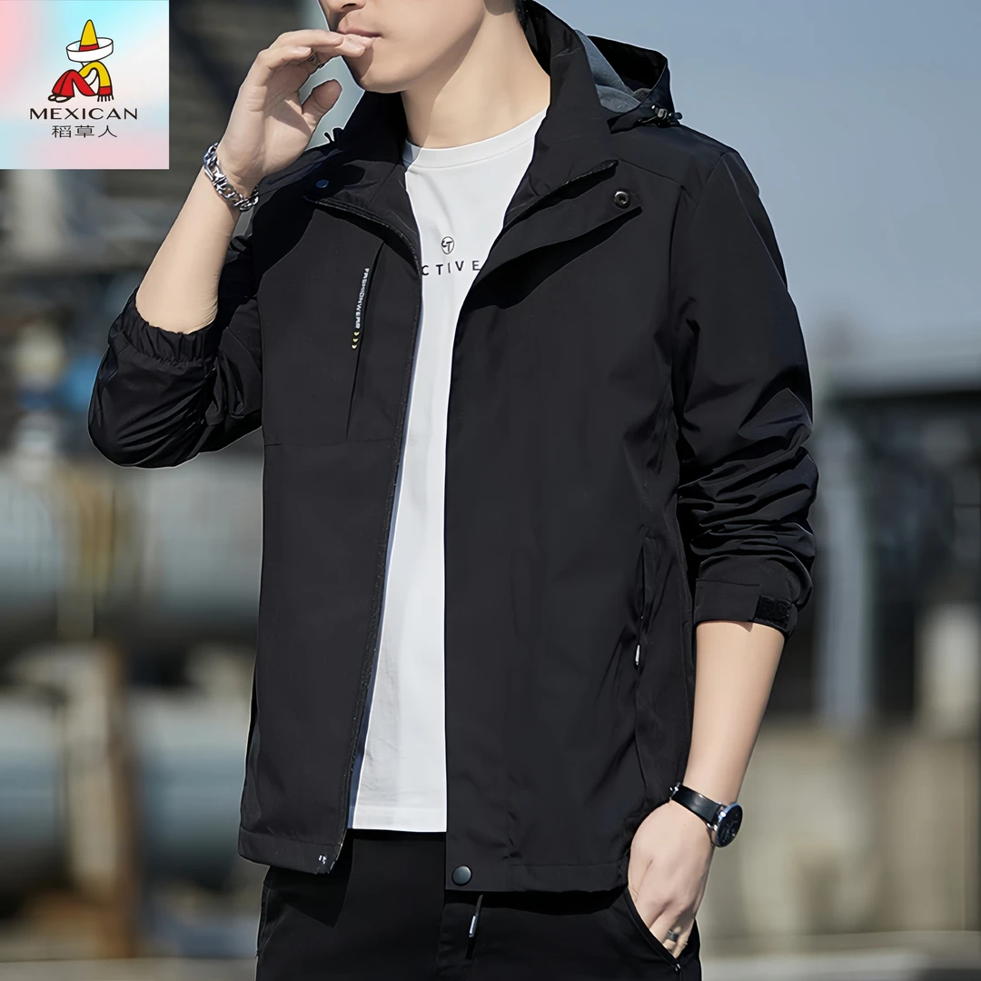 Mexican/稻草人高品质男士春秋韩版宽松夹克外套户外可脱卸帽冲锋