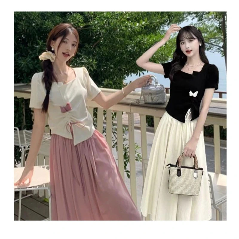 （80-200斤）1胖mm大码时尚设计不规则短袖T恤上衣百搭半身裙1758