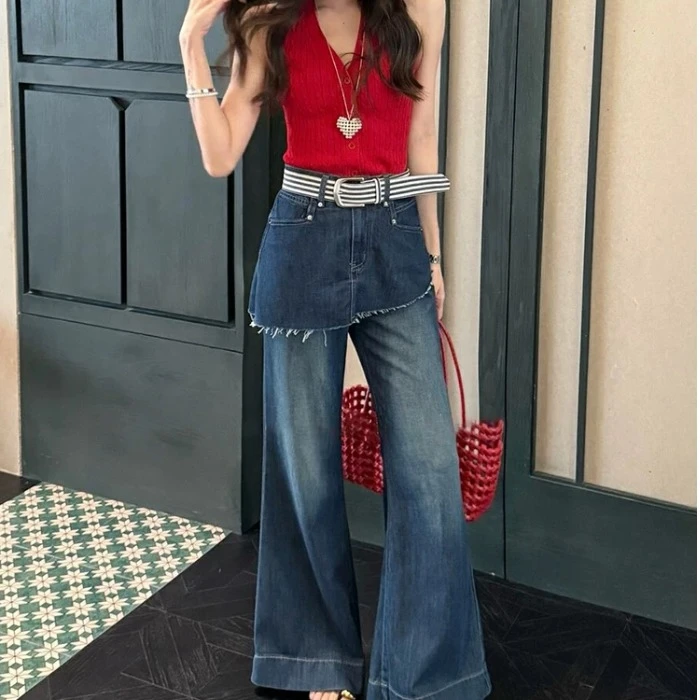 假两件直筒微喇牛仔裤女夏秋高腰2025新款宽松显瘦百搭拖地喇叭裤