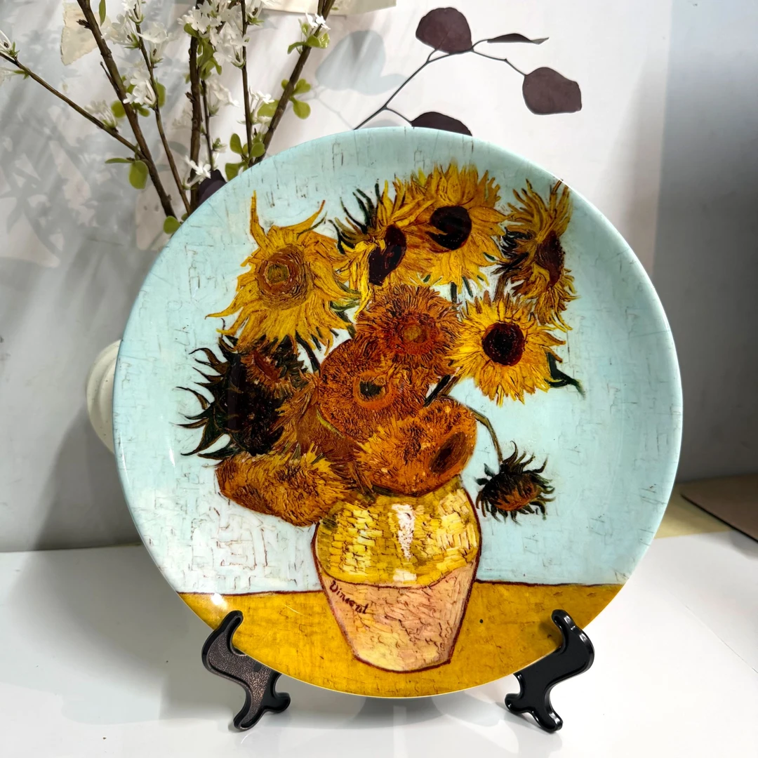 YP03新中式彩绘梵高向日葵画陶瓷摆盘客厅玄关创意壁挂装饰画