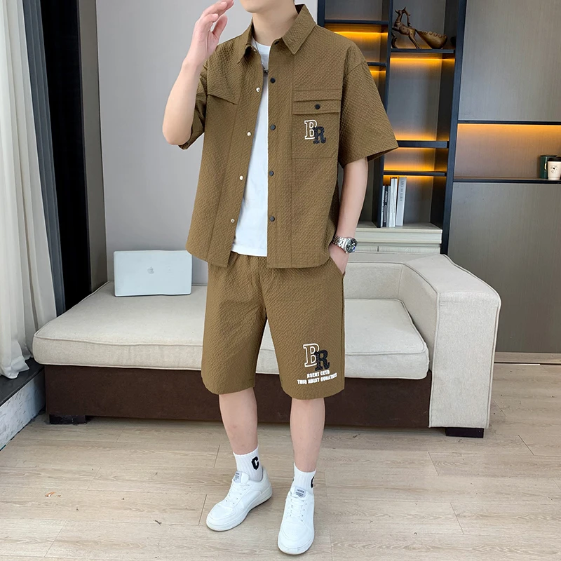 衬衫短裤套装个性帅气轻奢宫廷风半袖薄款韩版短裤休闲运动套装男