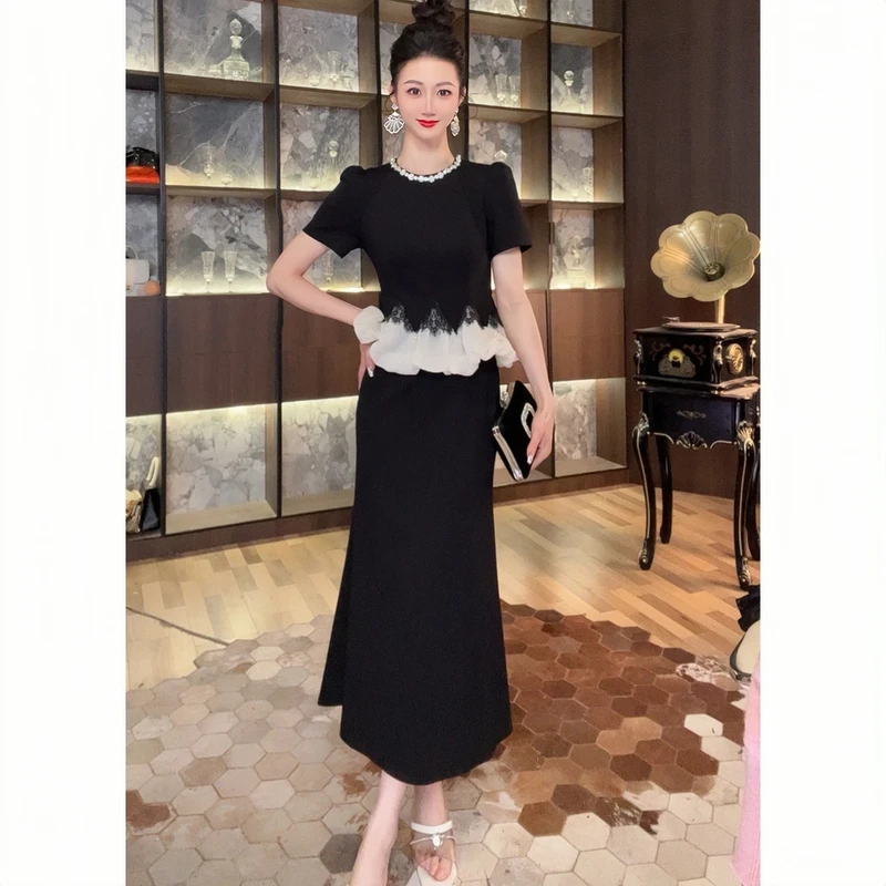 45102显瘦气质夏季黑色修身高腰时尚法式长款拼接设计感连衣裙