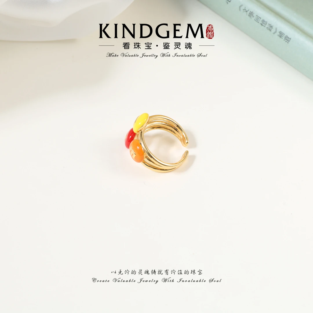 铜合金锆石戒指 KindGem三色轻奢M豆设计款开口戒指 C-43718