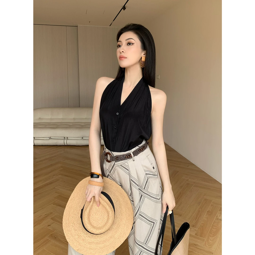 JIJINQI时尚气质显瘦挂脖上衣黑色夏V领无袖通勤小衫JD03SZPT1136