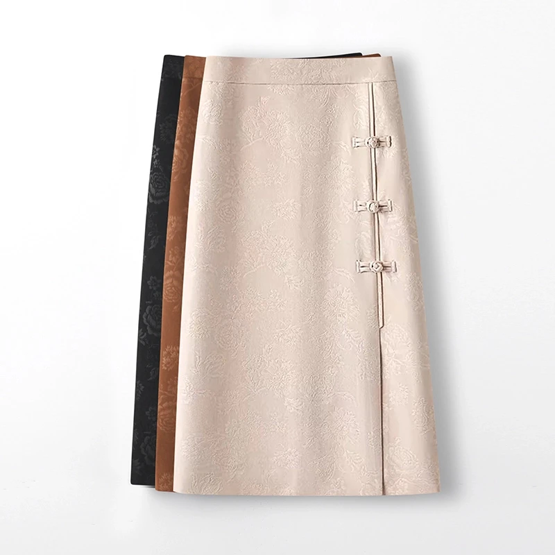 新中式显瘦半身裙女夏季薄款气质时尚高腰百搭提花国风A字包臀裙