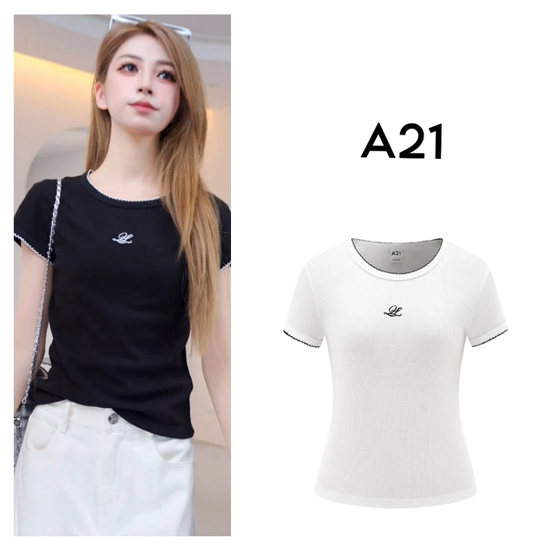 A21女装修身圆领短袖T恤夏季新款简约休闲上衣F453231004
