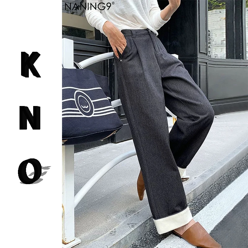 【KNO】早秋新款双色卷裤脚撞色褶皱休闲裤