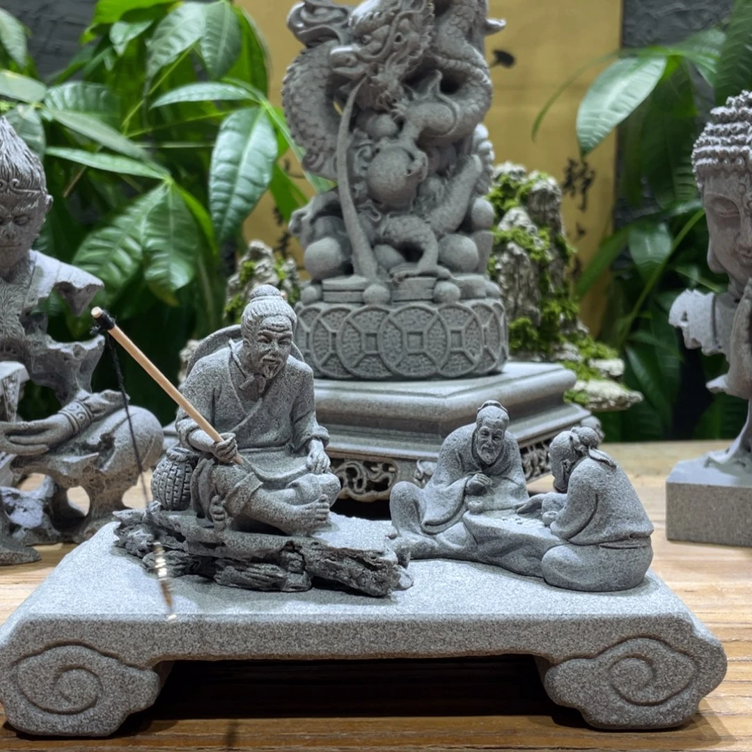 石材钓鱼一个下棋一个