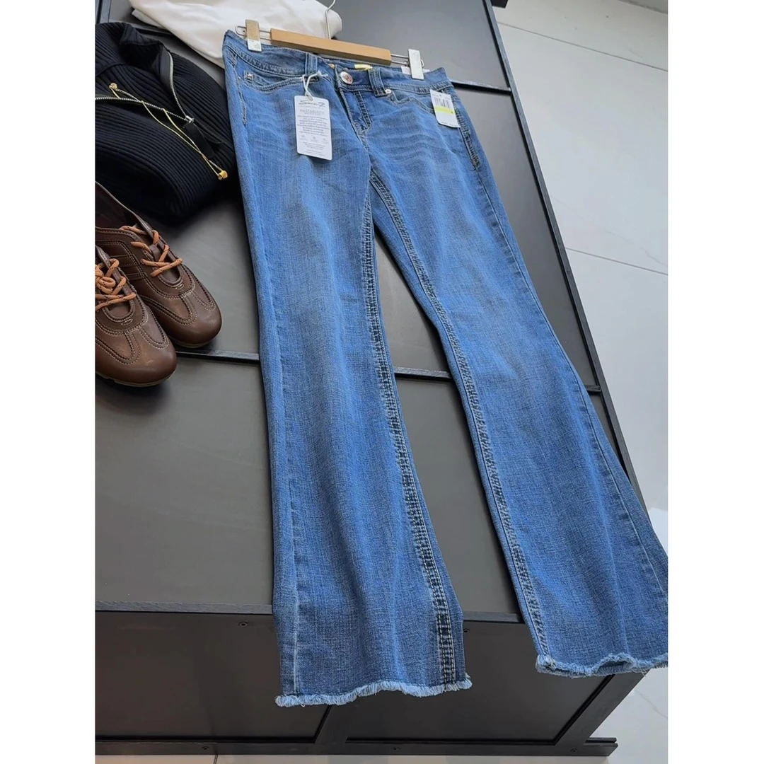 欧美复古毛边大喇叭牛仔裤中低腰修身显瘦弹力牛仔裤