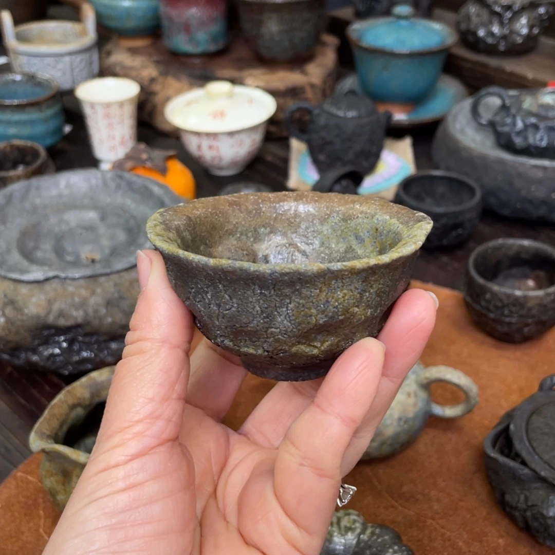 壶手捏侘寂风柴烧斗笠杯