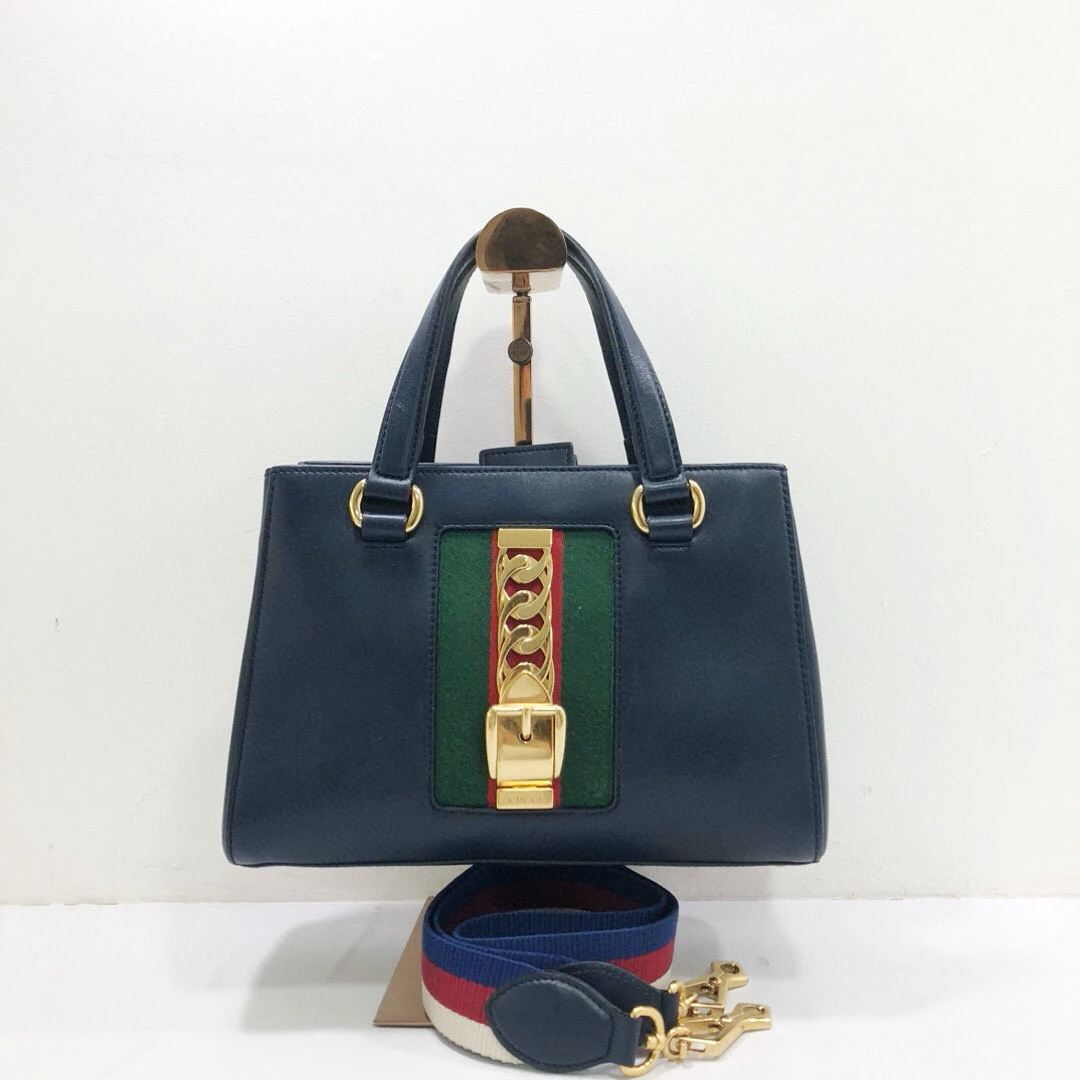 95新 GUCCI/古驰 全皮深蓝色塞尔维亚手提织物肩带单肩斜挎包