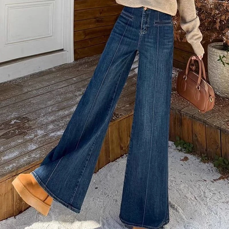 2025春秋季时尚复古新款高腰流光风百搭不贴腿深蓝直筒阔腿牛仔裤