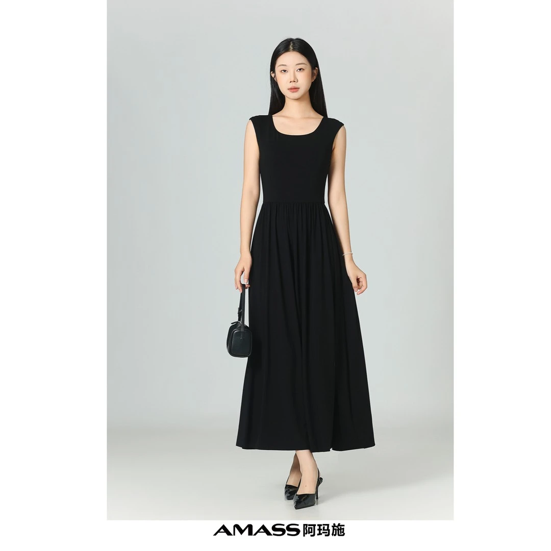AMASS/阿玛施夏季百搭无袖通勤赫本风复古圆领甜美AD连衣裙550031