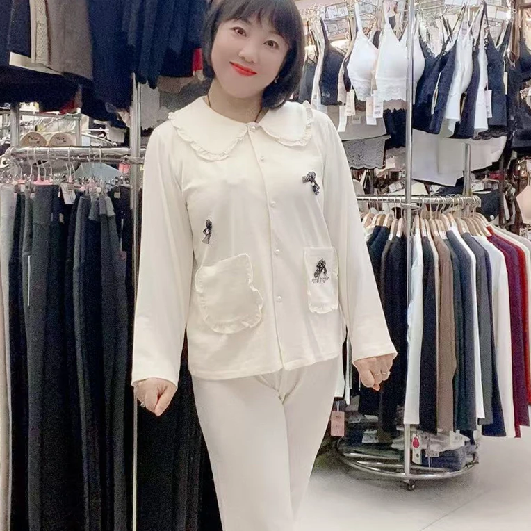 90-140斤穿女士消光提花时尚棉质开衫家居服长袖长裤睡衣套装2903