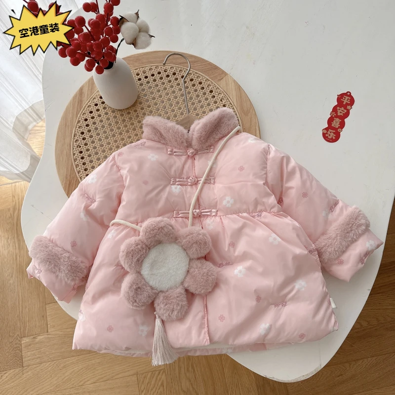 AY643女童加绒拜年服0-6岁中国风女宝宝可爱加厚棉服印花洋气棉衣