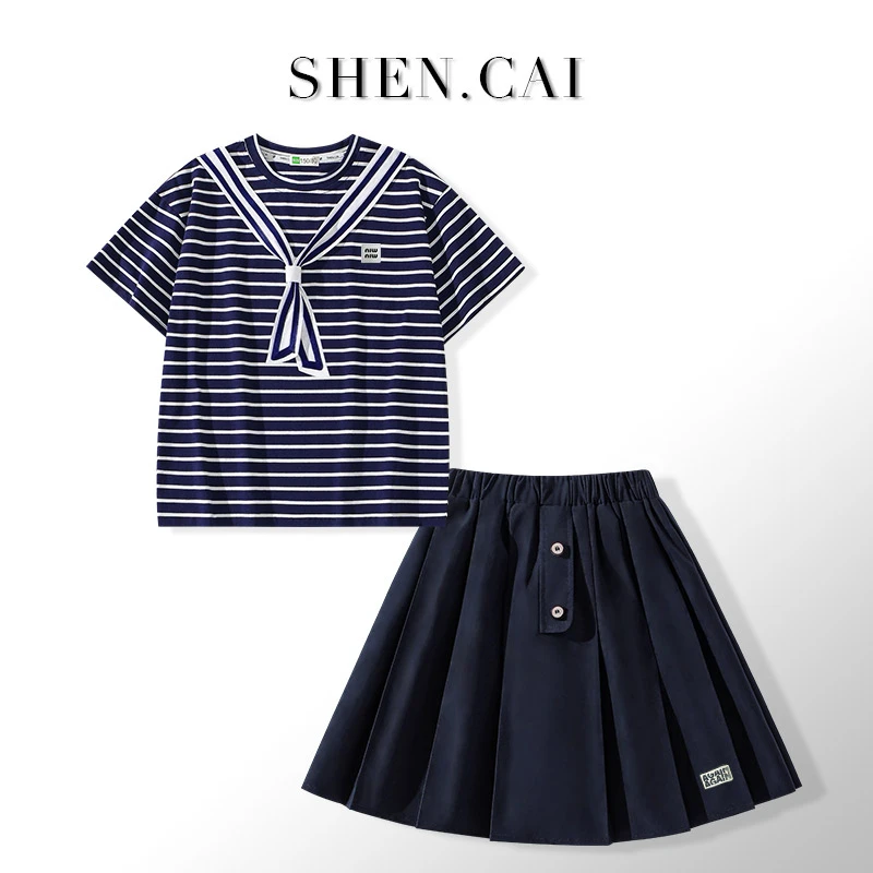 女大童套装夏装新款初高中学生条纹短袖夏季宽松裙裤学院风两件套