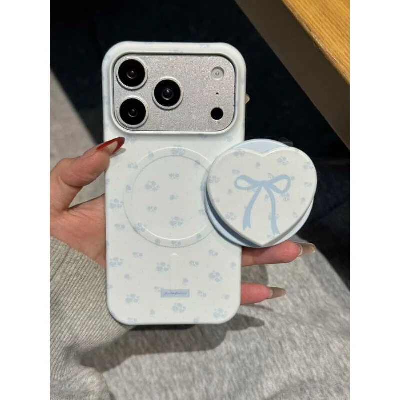 小清新蓝底碎花蝴蝶结磁吸适用于iphone17promax苹果16手机壳新款