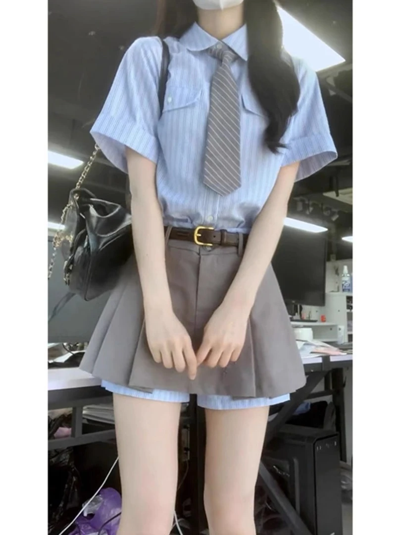 夏季小个子甜辣穿搭JK制服套装裙女减龄学院风条纹衬衫裙子两件套