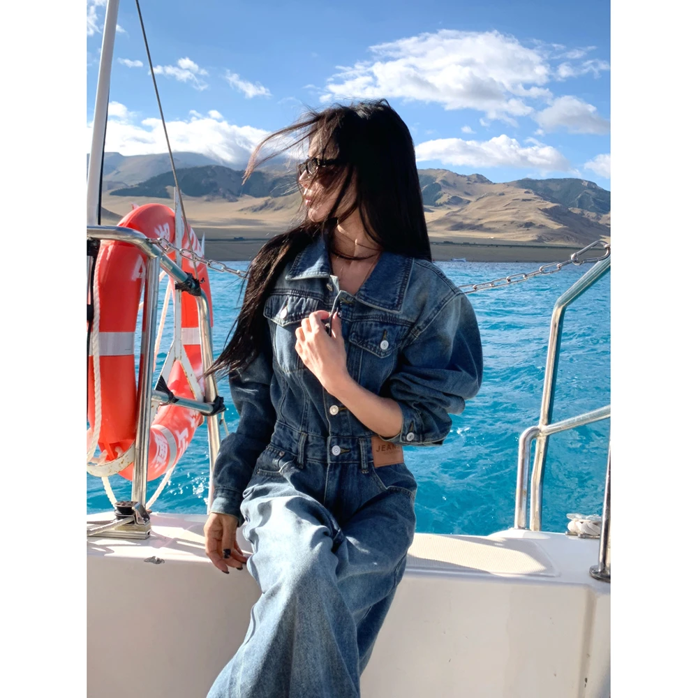 复古美式水洗复古连体裤女2025秋季新款遮肉显瘦长袖牛仔连体长裤