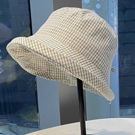 日系格子卷边渔夫帽女夏季新款大檐速干遮阳防晒帽时尚显脸盆帽Te