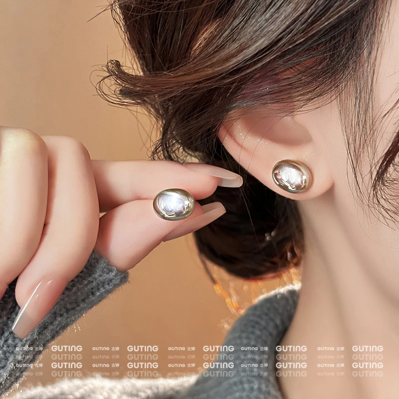 铜合金耳饰 19412高级饱满椭圆豆豆珠耳钉多麻灰珠耳环优雅耳饰