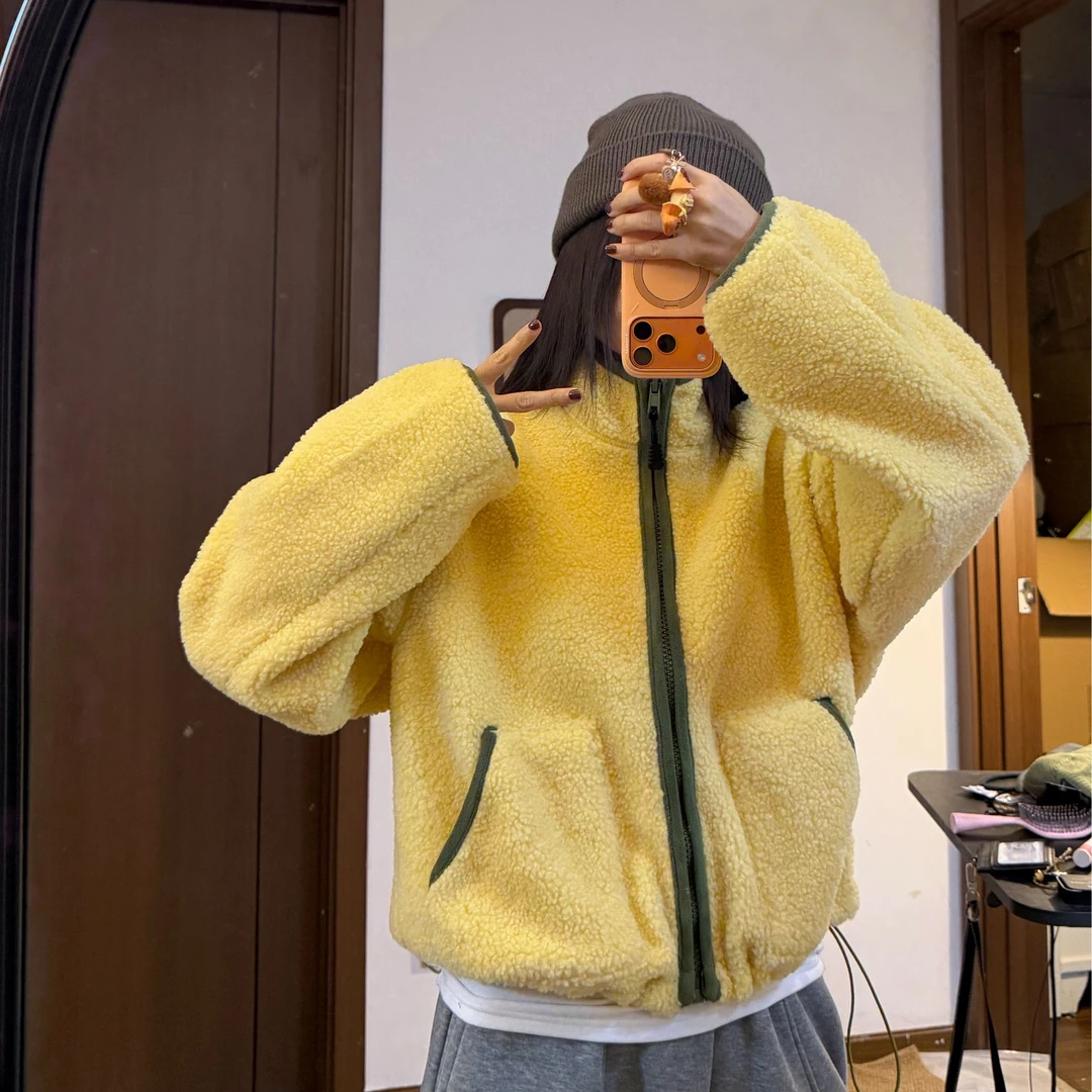 时尚撞色立领加厚羊羔绒拉链外套女秋冬新款修身显瘦保暖上衣