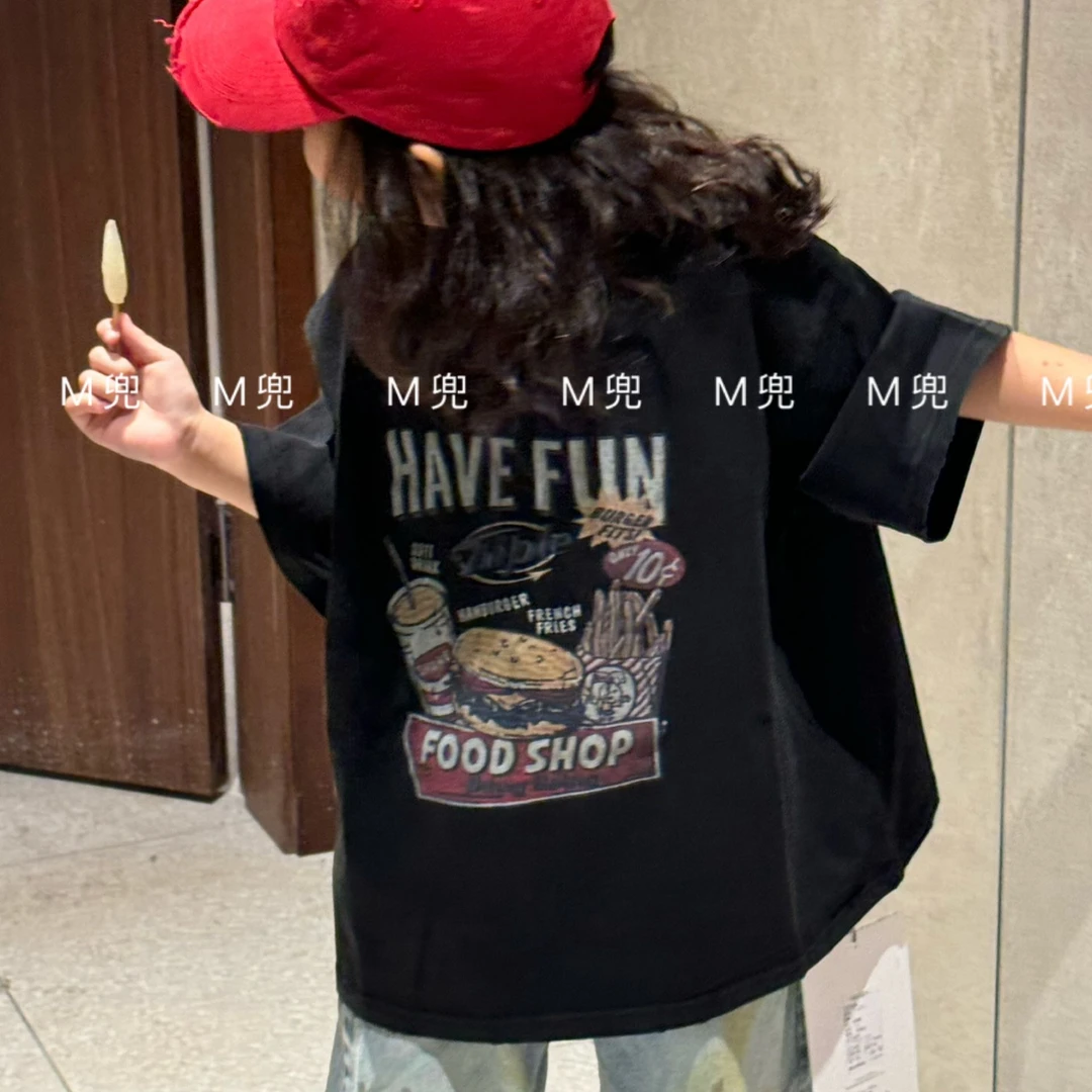 SUOYI —25年春夏新款汉堡印染两色设计男女同款儿童大童短袖t