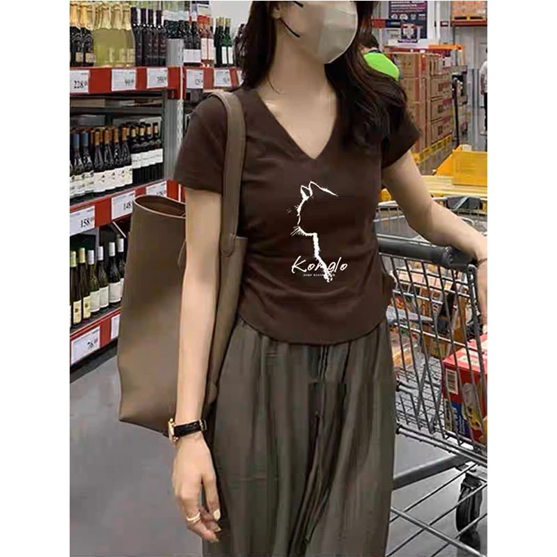 2025夏季女装修身型收腰V领正肩短袖t恤女可外穿气质时尚减龄上衣