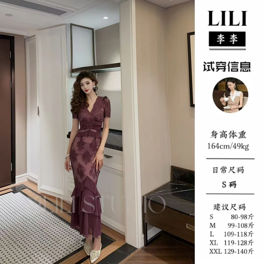 【浪漫序曲】李李原创修身包臀鱼尾显瘦紫色名媛女装连衣裙25657