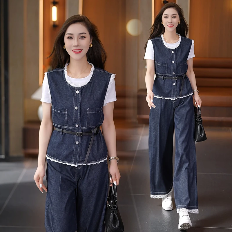 时尚套装女2025夏季新款洋气蕾丝拼接牛仔马甲T恤阔腿裤三件套潮